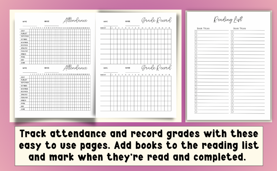 Sample Interior Pages; Attendance and Grade Record Log Sheets for up to 4 Students, Reading List