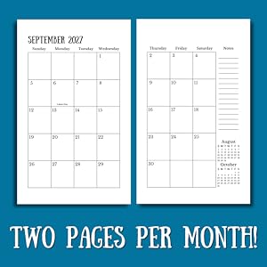 September 2027 Calendar Pages. Text below reads &amp;#34;Two pages per month!&amp;#34;