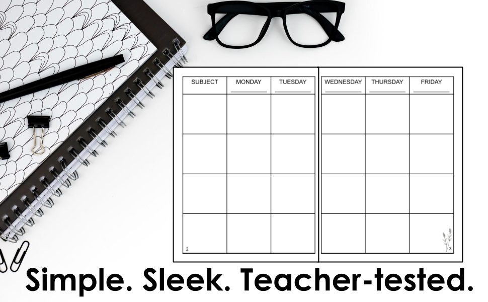 Sample pages of weekly lesson plan with text that states "Simple. Sleek. Teacher-test."