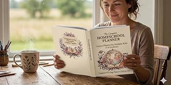 woman looking at book drinking coffee. Homeschool planner open.