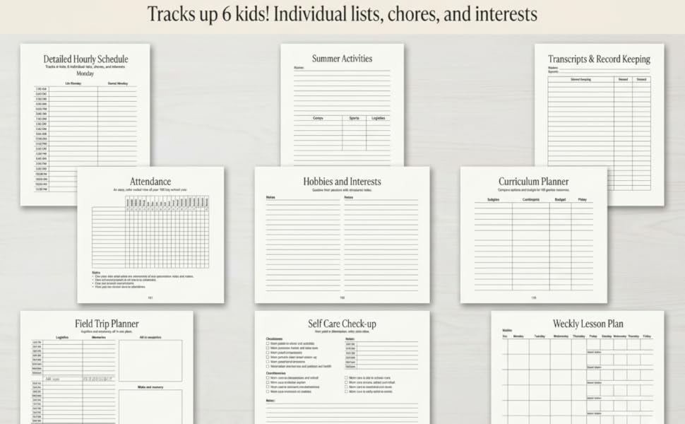 attendance grid, lesson plans, transcript templates, trackers for up to 6 kids