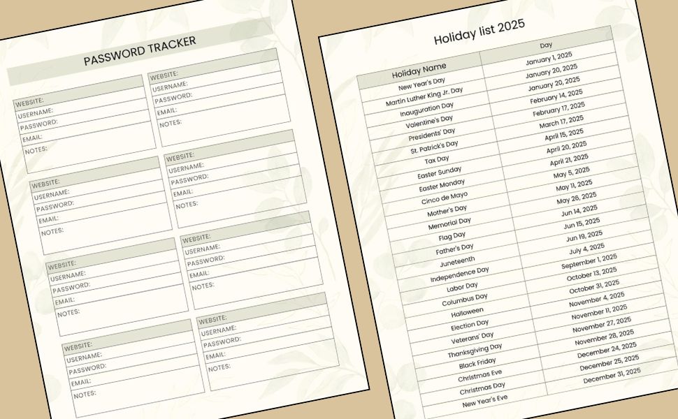 5 year planner 2025 2029 password tracker birthday planner calendar yearly monthly weekly habit 