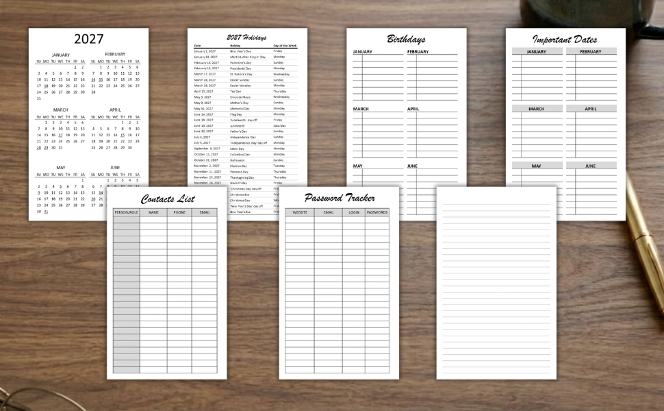 calendars 2027 holidays birthdays important days contacts list password tracker notes pages