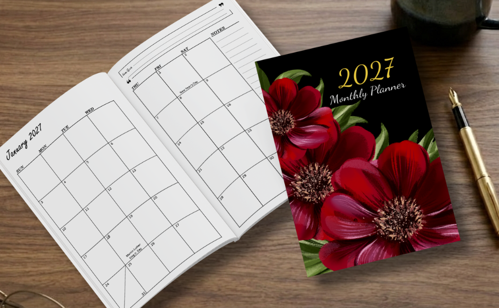 2027 monthly planner papers squares office red flowers rose green garden plants black bloom floral