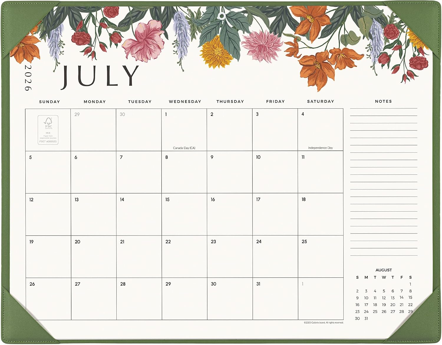 Desk Calendar 2026 with Desktop Mat, Cabbrix Large Desk Pad Calendar 22 x 17 Inch Runs From July 2026 to December 2027, Classic Floral Design Calendar 2026 for Home School and Office (Green)