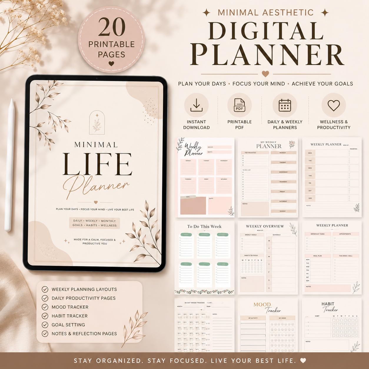 Minimal Digital Planner | Daily Weekly Planner | Wellness & Habit Tracker | GoodNotes Planner | Printable PDF Planner