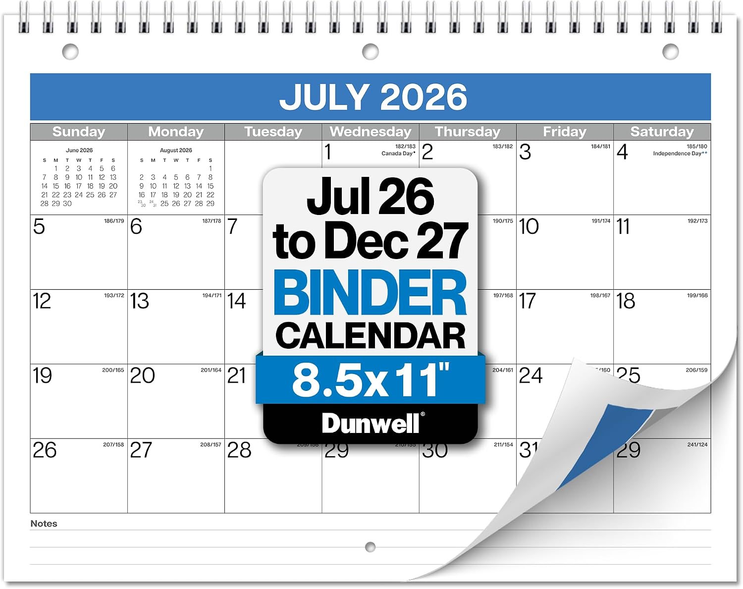 Dunwell 2026-2027 8.5×11 Binder Calendar, 18-Month 3-Hole Planner