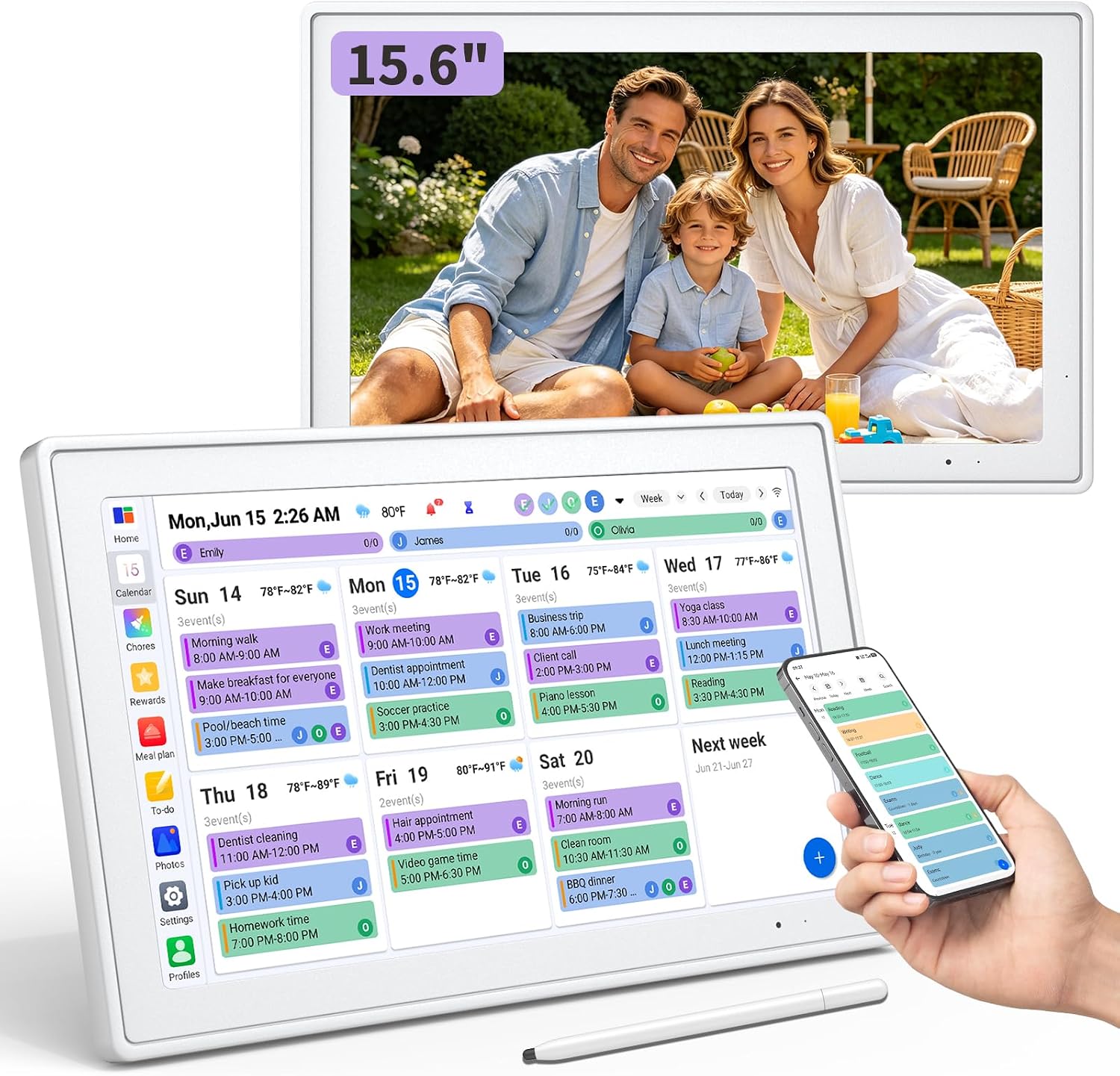 Digital Calendar, 15.6″ HD Touchscreen Family Calendar Organizer, Smart Family Planner with Chore Chart, Meal Planner, To-Do List & Digital Photo Frame, White