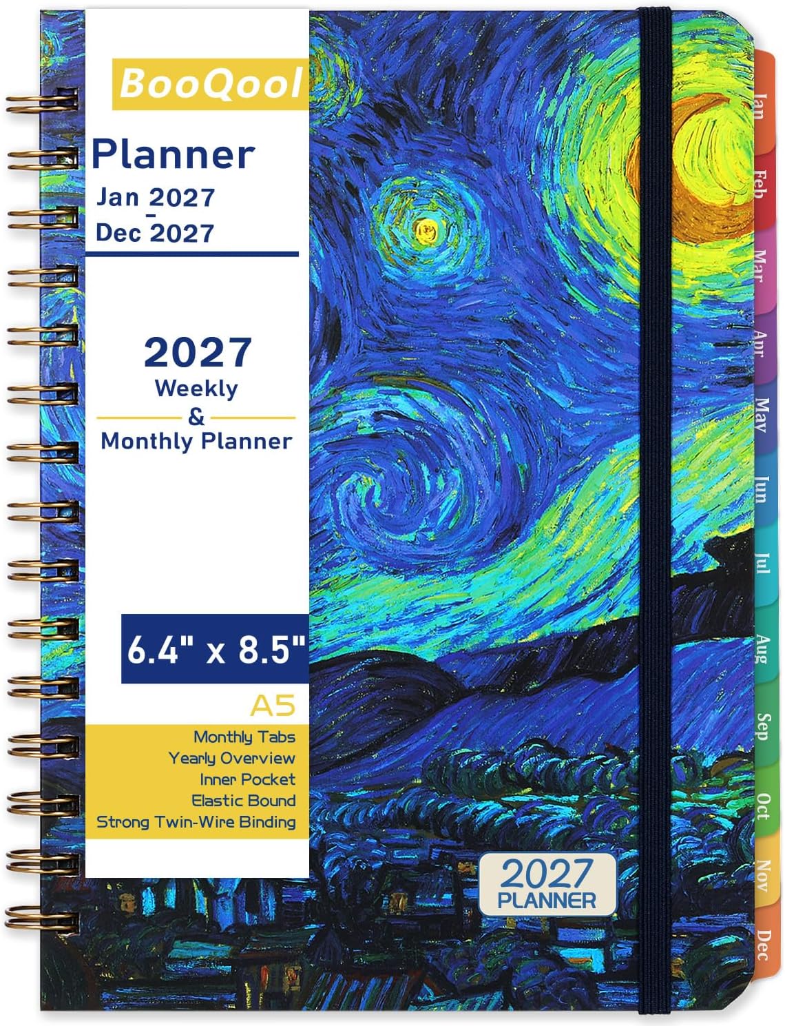 2027 Planner – Weekly ＆ Monthly Planner 2027, Jan.2027 – Dec.2027, 6.4″ x 8.5″, 2027 Calendar Planner with Tabs, Hardcover, Strong Binding, Thick Paper, Back Pocket, Elastic Closure, Inner Pocket