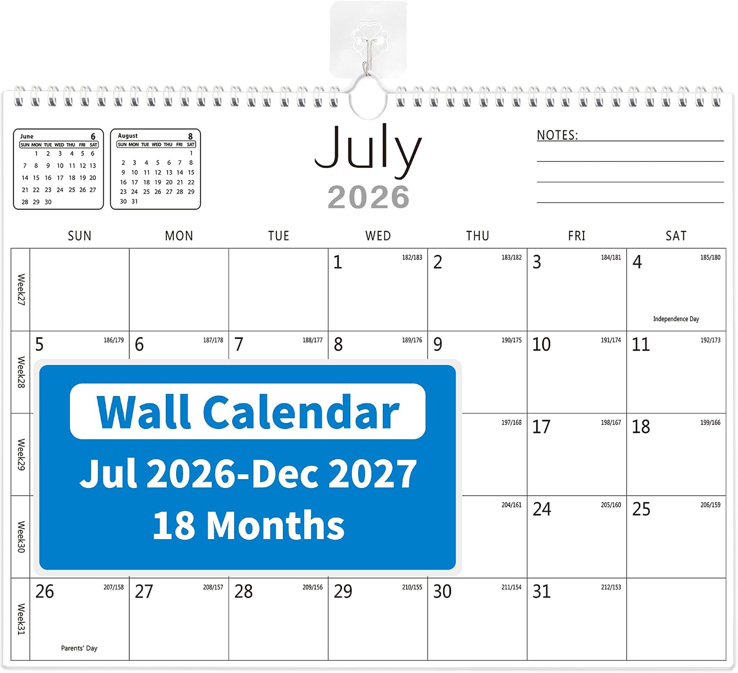 MZD8391 Wall Calendar 2026-2027, Jul 2026 – Dec 2027 (18 Months), 14″ x 11″