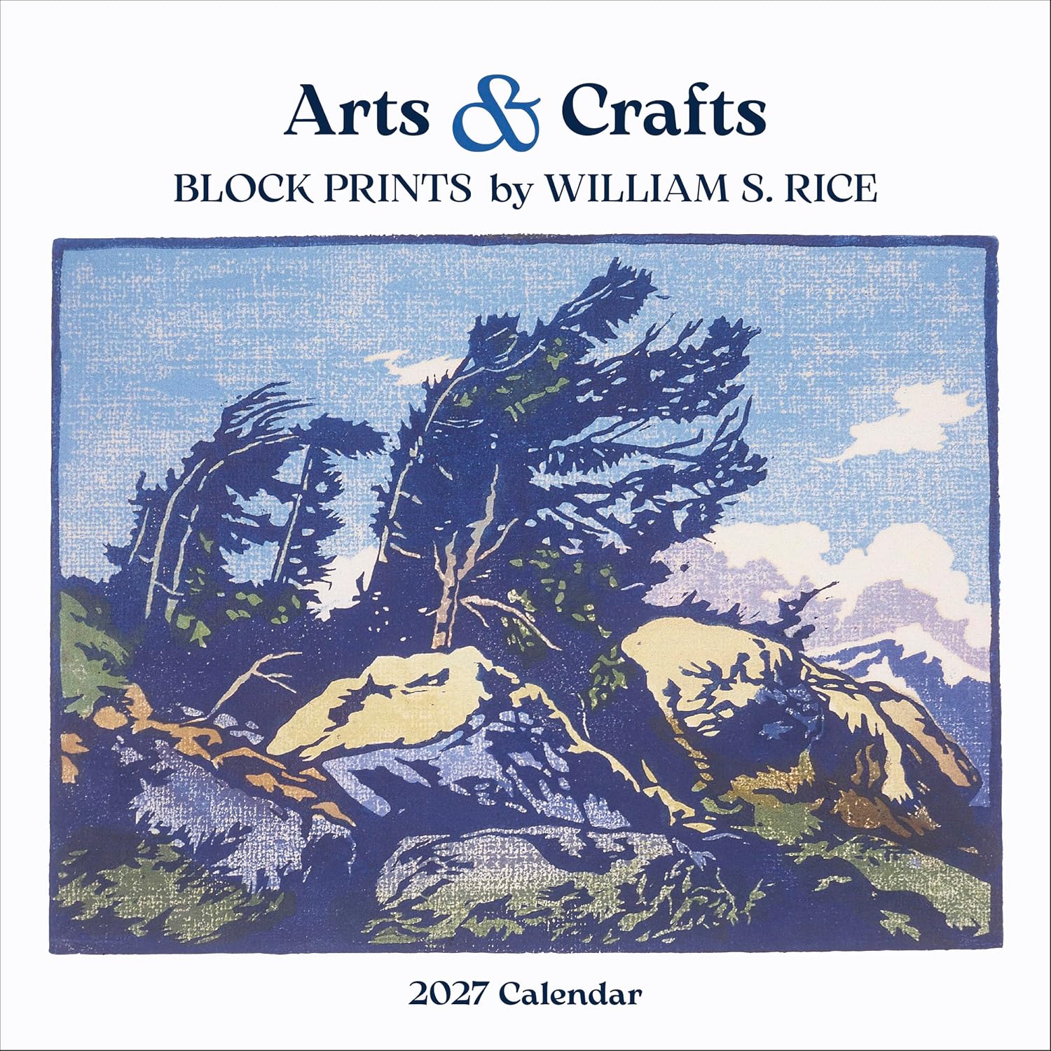 Wall Calendar 2027, Arts & Crafts Block Prints by William S. Rice, 12 Months, Large Grid Design Featuring 12 Artworks